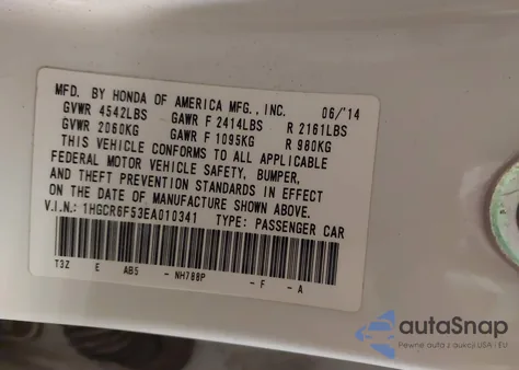 2014 Honda Accord Hybrid Ex-L z USA, uszkodzony, nr VIN 1HGCR6F53EA010341